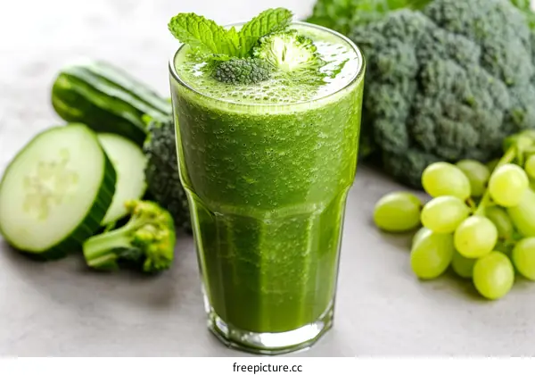 A glass of green smoothie with fresh vegetables and fruits