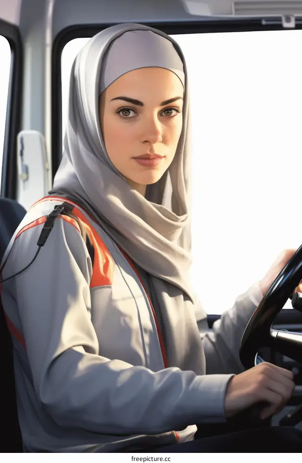 A young woman wearing a hijab is driving a vehicle