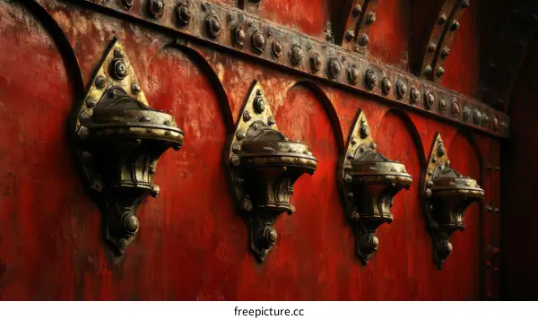 Ornate Metal Shoe Wash Bowls on a Rusted Red Door