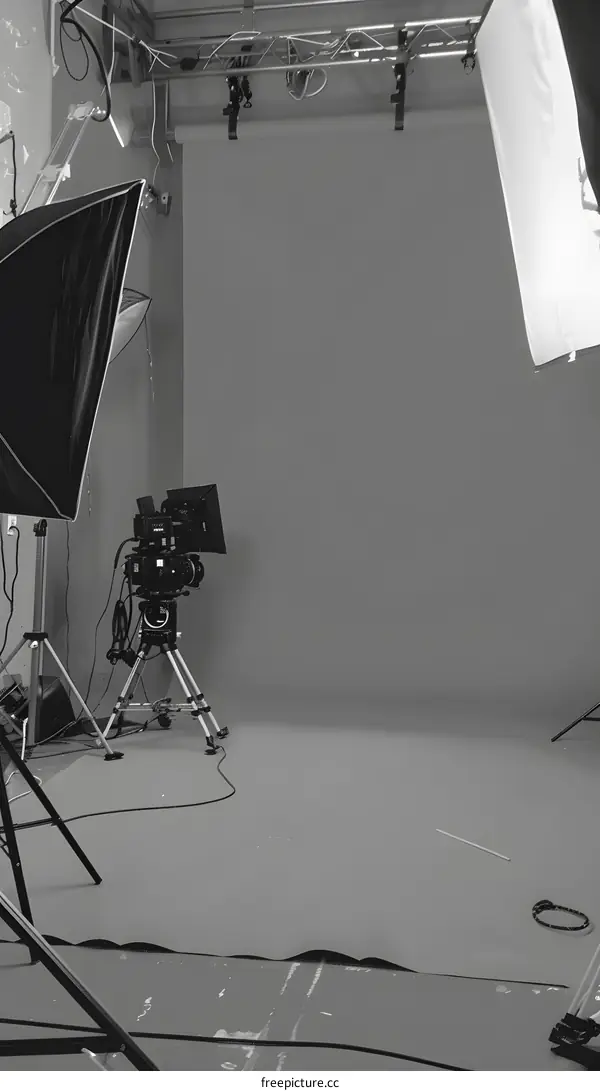 Studio Setup with Lighting Equipment and Camera on Tripod