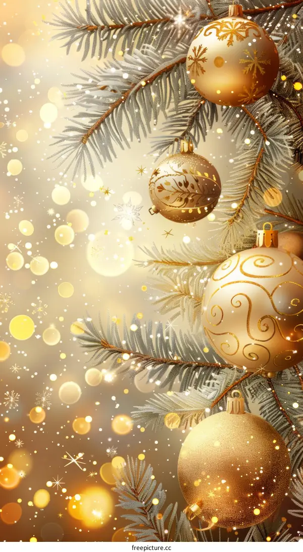 Golden Christmas Balls Decorate Festive Tree During Holiday Season