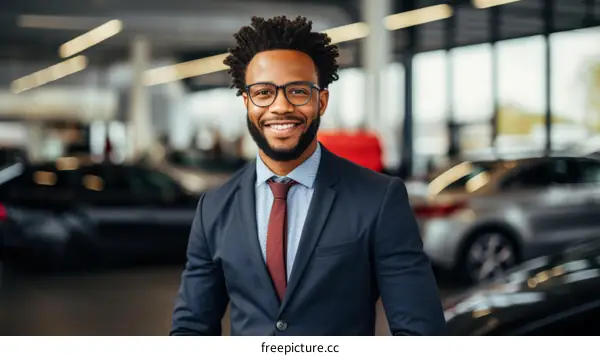 Portrait of a young African-American businessman smiling in a car dealership