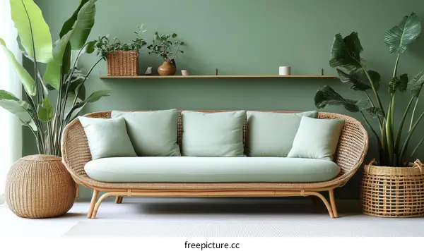 Modern Green Living Room Sofa with Wicker Furniture