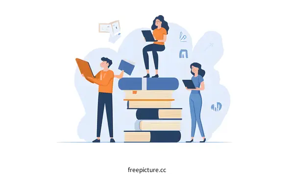 Group of People Standing On A Stack of Books Illustration