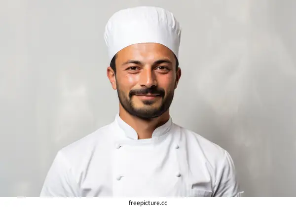 portrait of a young male chef in a white uniform smiling at the camera