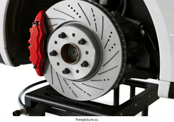 Close-up view of a car's brake system with red caliper