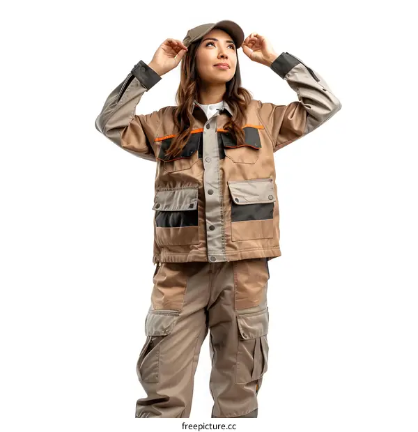 Woman in workwear adjusting her cap