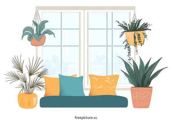Windowsill with Plants and Cushions Illustration