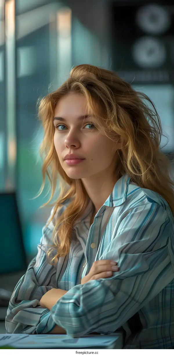 portrait of a beautiful blonde woman in a blue shirt