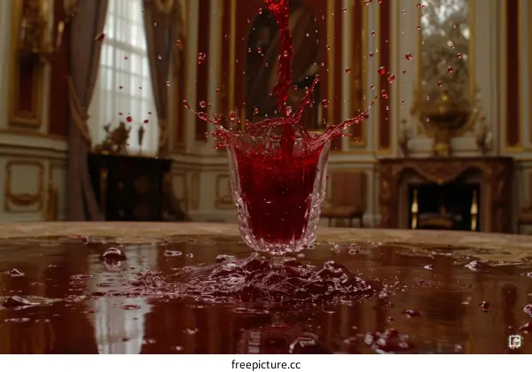 Red liquid splash in a luxurious room