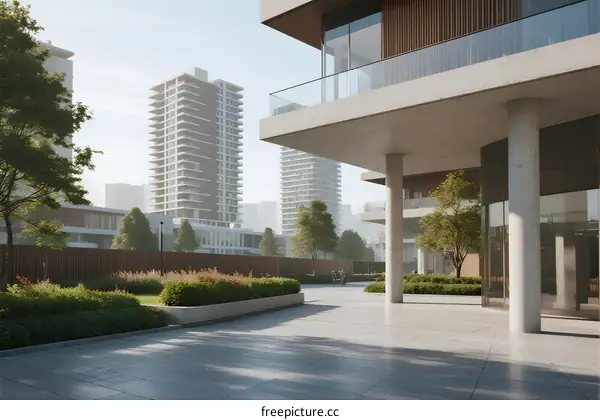 Modern urban building with greenery and open space in the foreground