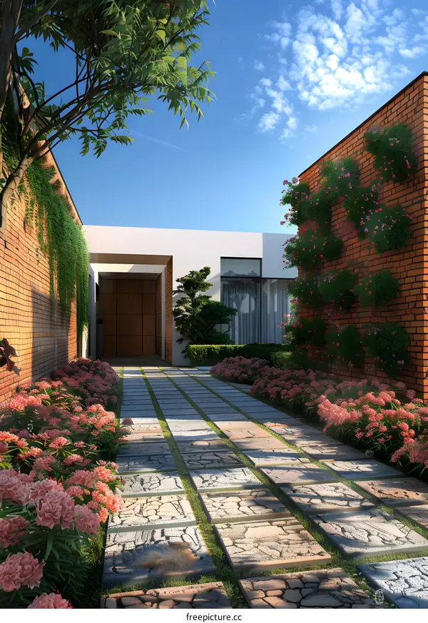 Modern House with Brick Walls and Stone Pathway