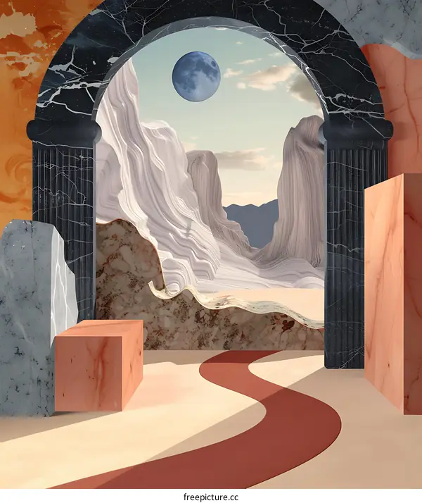 Abstract Minimalist Landscape with Archway and Moon