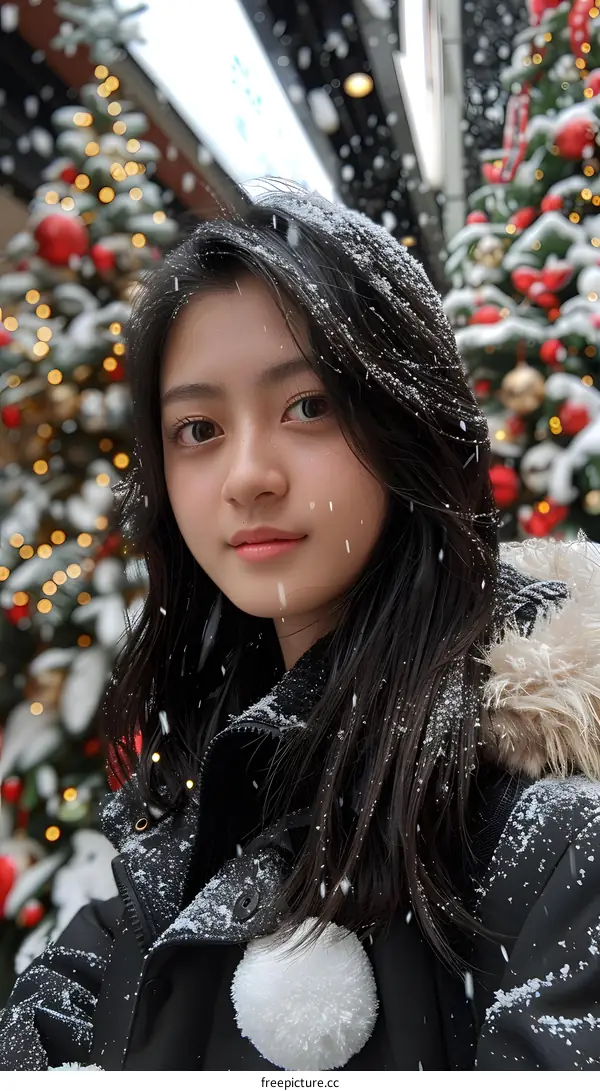 Asian Woman In Snow Wearing Black Winter Coat