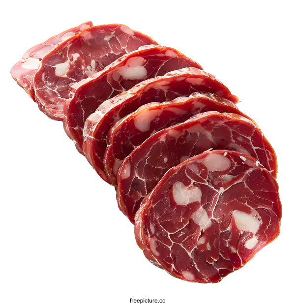 [Transparent Background PNG]Slices of delicious dried sausage on white background