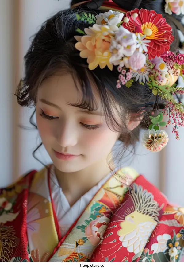 A beautiful Japanese bride wearing a traditional kimono and headdress
