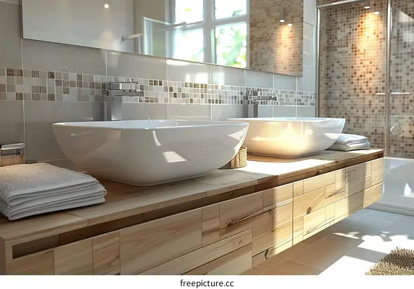 Modern Bathroom Design with Double Sinks and Wooden Vanity
