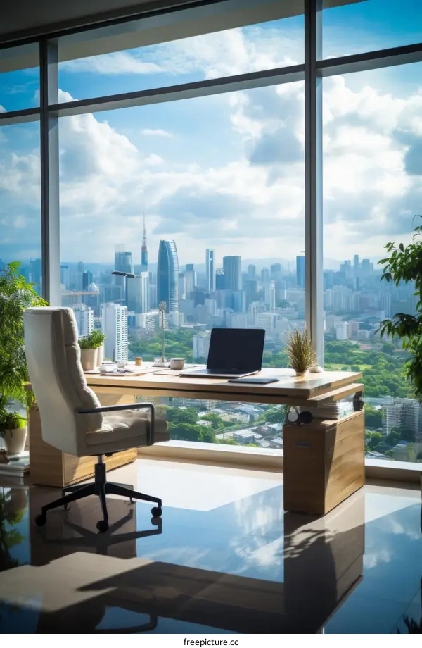 Modern office interior with large windows and city view