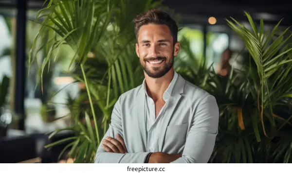 Confident young businessman standing in front of a tropical plant wall