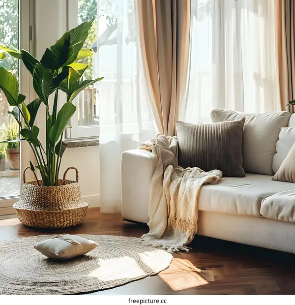 White Sofa With Throw Blanket and Plant in Living Room