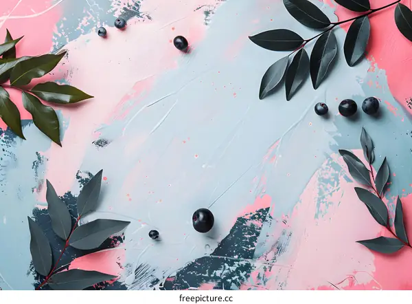 Blueberries and Green Leaves on Abstract Pink and Blue Background