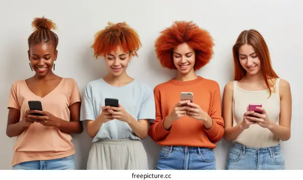 Four women of different ethnicities using their smartphones