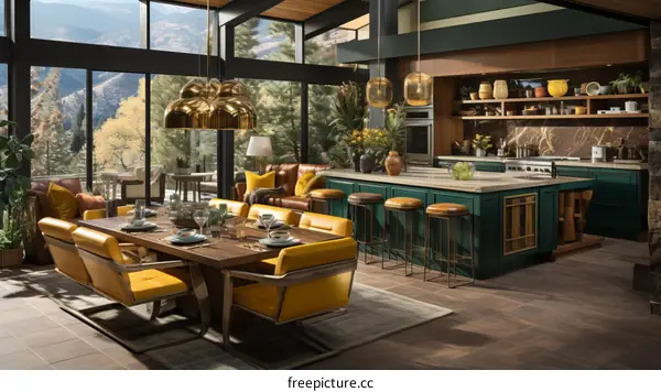 kitchen island with green cabinets and wood shelves in a modern house