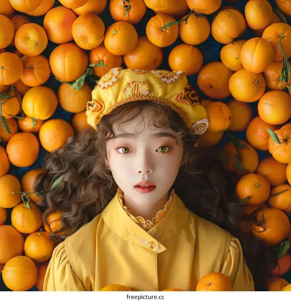 An Asian girl is lying on a pile of oranges