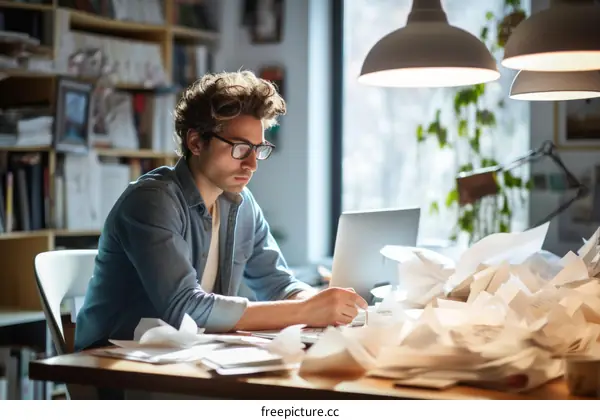 Young male freelancer checking financial reports while working on laptop in home office