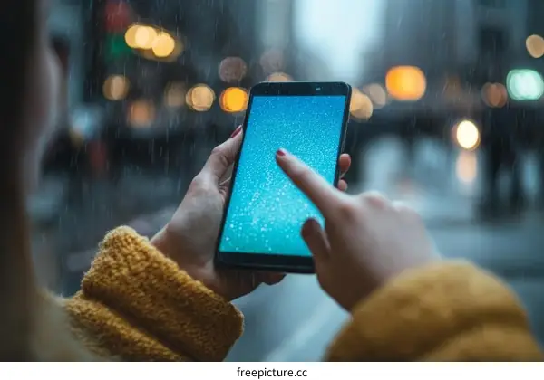 Rainy Night Smartphone Use by a Woman