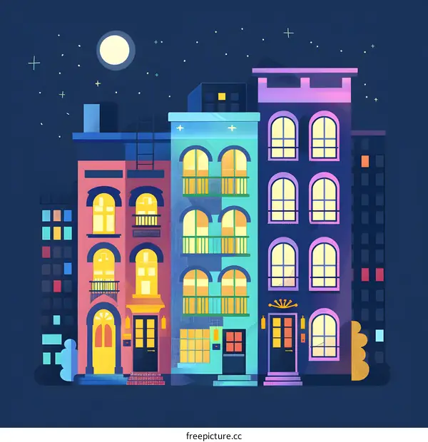 Night Cityscape with Colorful Buildings and Moon