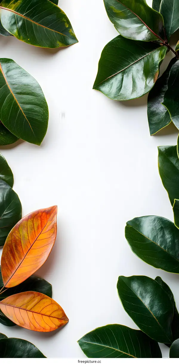 Green and Orange Leaves on White Background