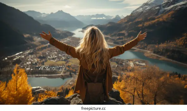 A blonde woman standing on a rock with her arms outstretched enjoying the view of a valley with mountains and lakes