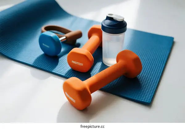 Orange Dumbbells and Water Bottle on Blue Yoga Mat