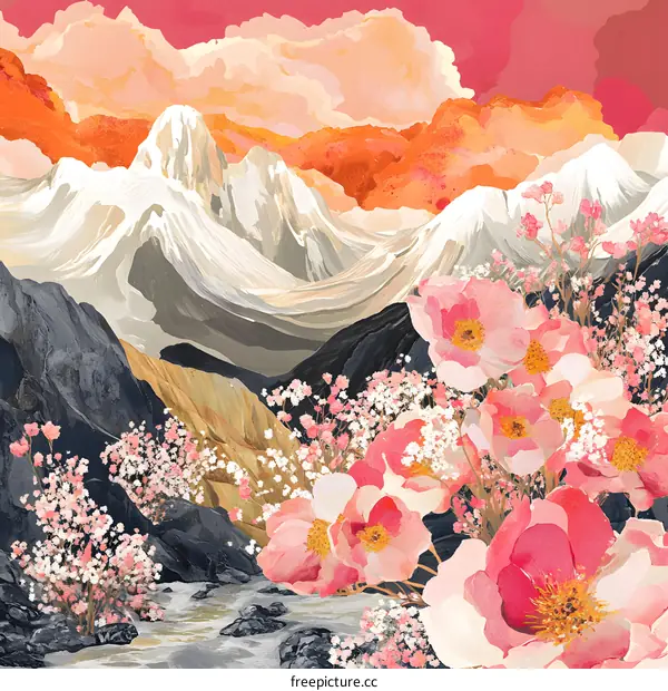 Mountain Landscape With Pink Flowers