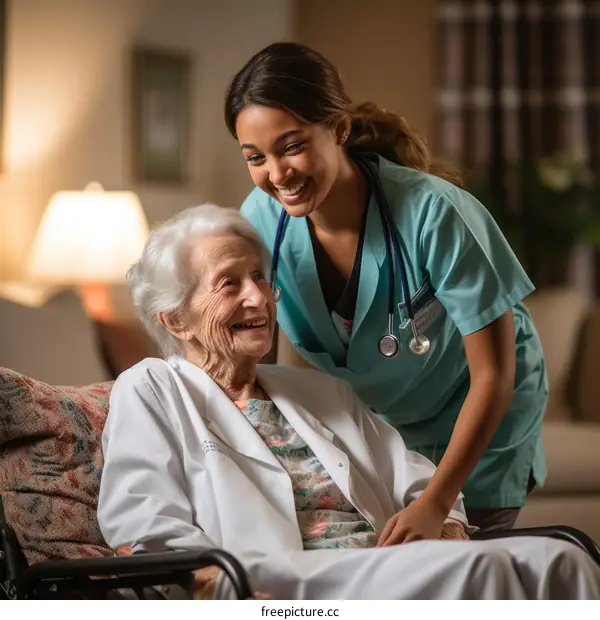 A young nurse talking with a senior woman in a wheelchair