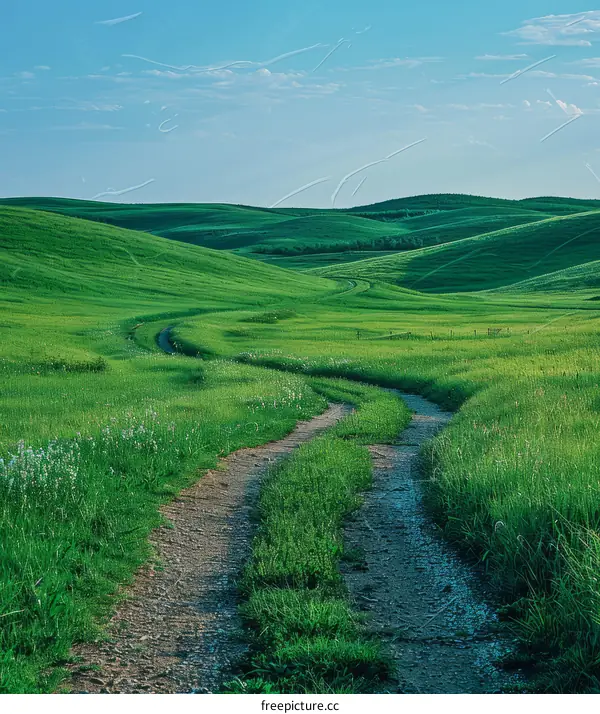 Countryside dirt road through green rolling hills