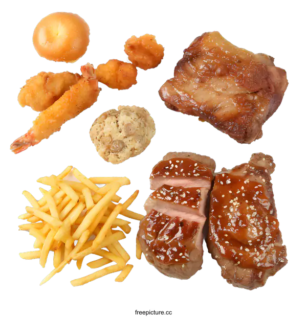 [Transparent Background PNG]Fried Foods with Sesame Chicken and French Fries