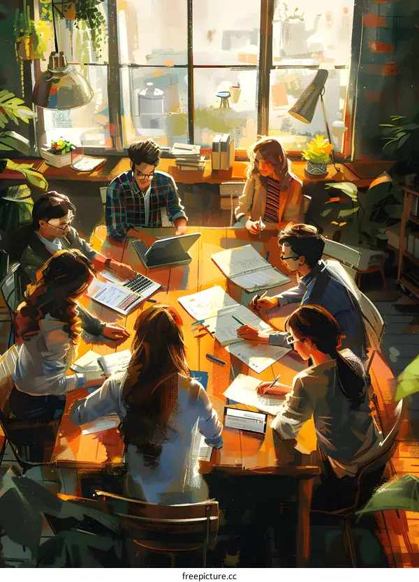 A group of people are working together in an office.