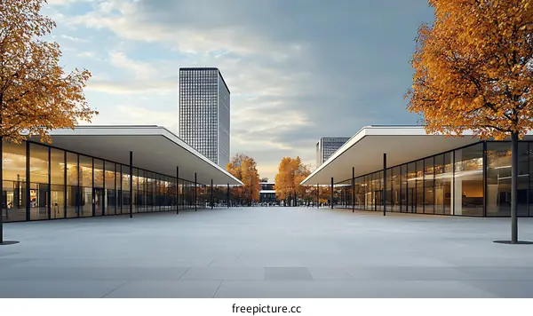 Modern Architecture with Autumn Leaves and People