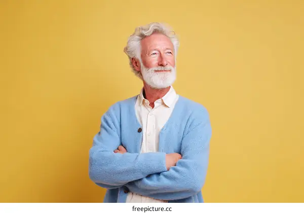 Thoughtful Senior Man in Light Blue Cardigan