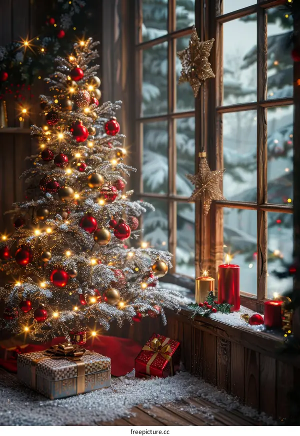 Nostalgic Christmas tree by the fireplace