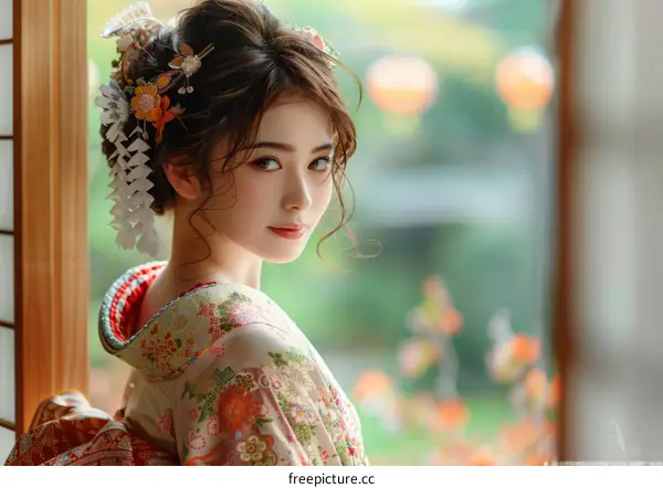 Portrait of a beautiful Japanese woman in traditional kimono