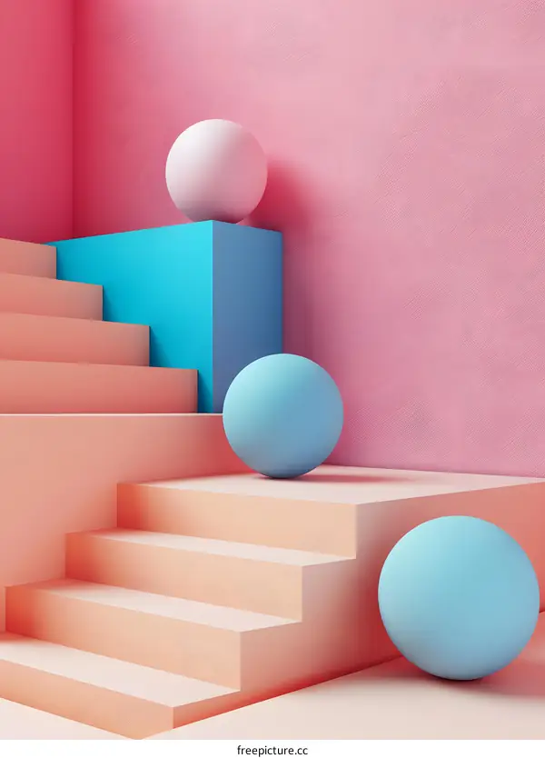 Abstract Minimalist 3D Render with Pink Blue and Beige Geometric Shapes