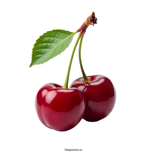 [Transparent Background PNG]Two Ripe Red Cherries with Green Stem and Leaf on transparent background