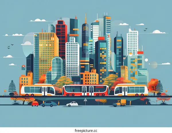 Cityscape Illustration with Bus and Buildings