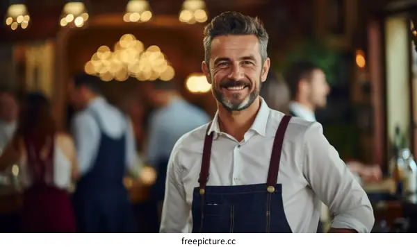 Bearded man in suspenders smiling at the camera