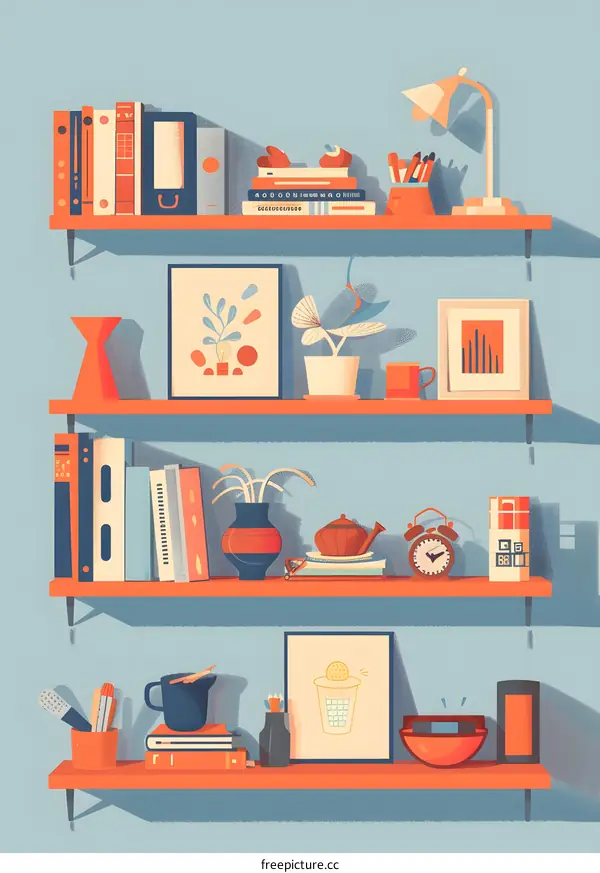 Shelf with Books, Plants and Decorations