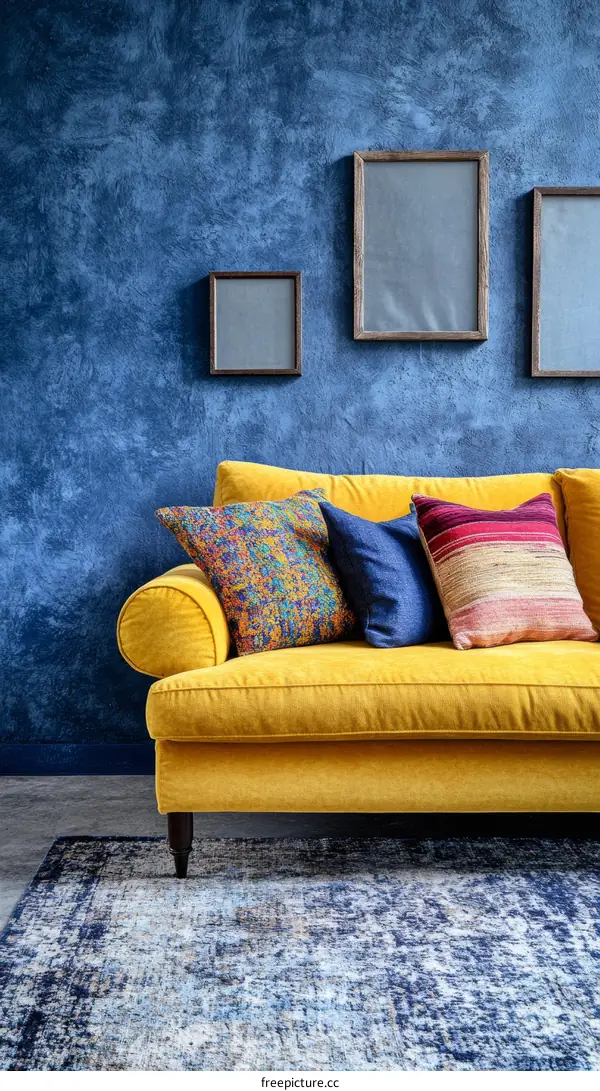 Stylish Mustard Yellow Sofa in a Trendy Blue Room