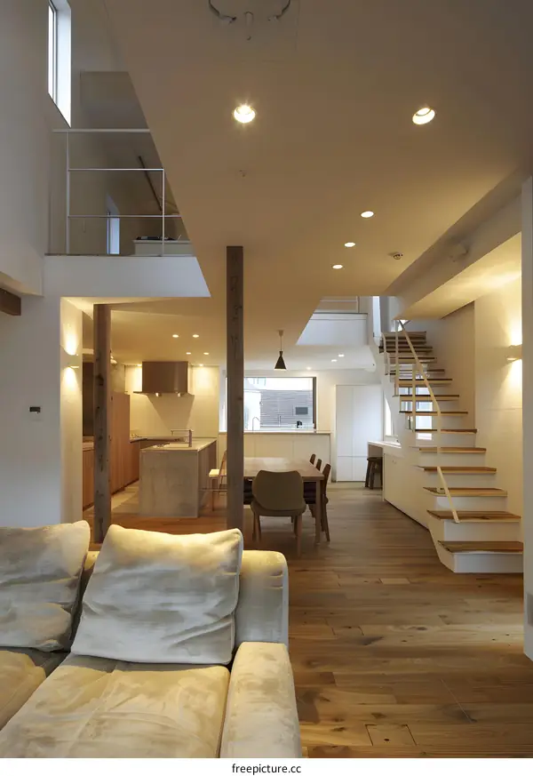Modern Open Floor Plan Loft Apartment Interior Design With Wood Floor And Staircase